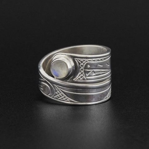 Wolf - Silver Wrap Ring with Moonstone