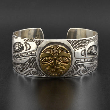Killerwhales and Moon - Silver Bracelet with 14k Gold