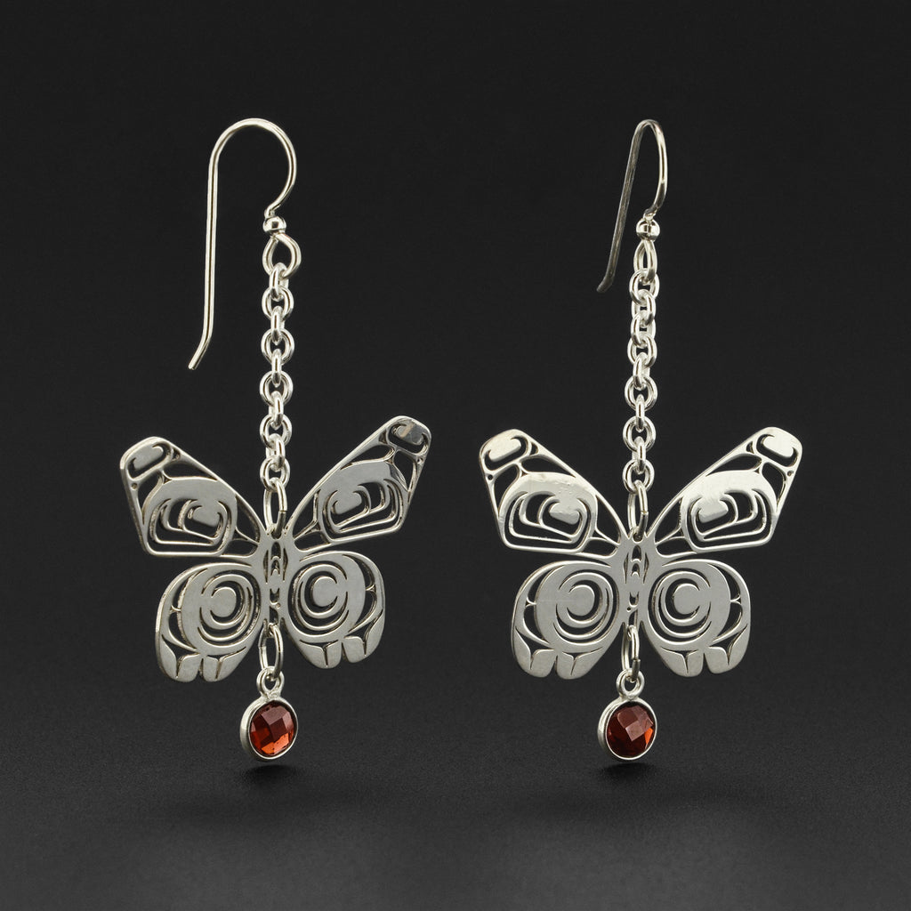 Butterfly - Silver Earrings with Garnet