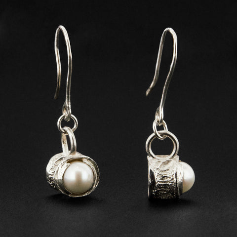 Salmon Vertebrae - Silver Earrings with Pearl