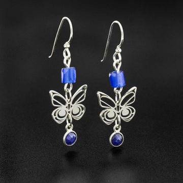 Butterfly - Silver Earrings with Trade Bead and Sapphire
