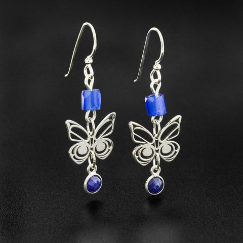 Butterfly - Silver Earrings with Trade Bead and Sapphire