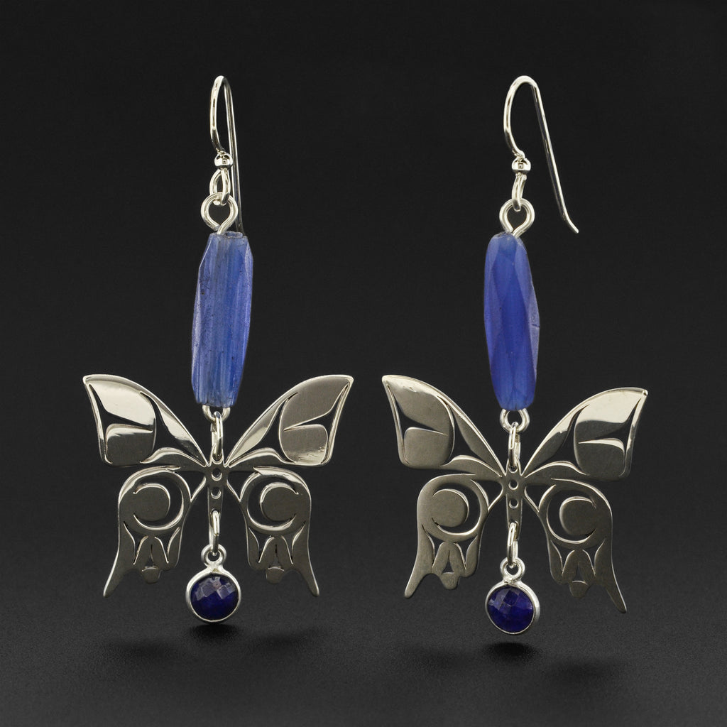 Butterfly - Silver Earrings with Trade Beads and Sapphire