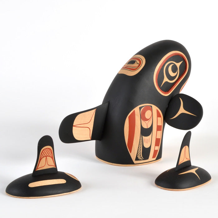Mother Orca with Calves - Basswood Sculpture
