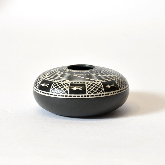Weaving and Fishing - Hand Carved Ceramic Vase