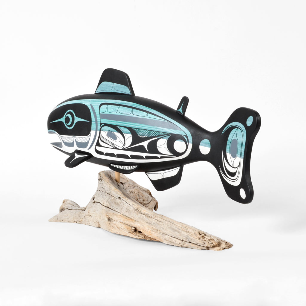 Salmon - Basswood Sculpture on Driftwood