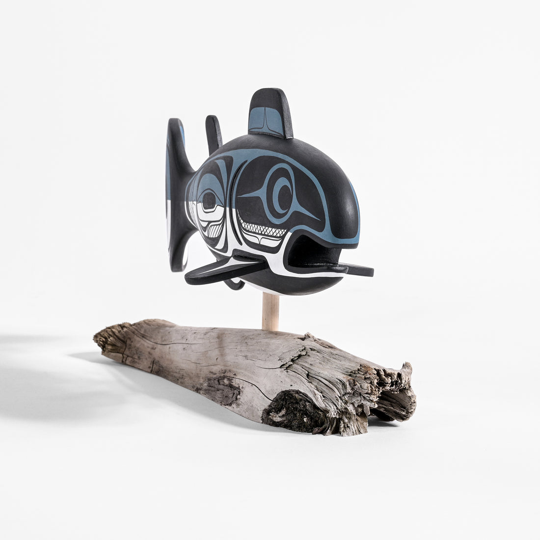 Salmon - Basswood Sculpture on Driftwood