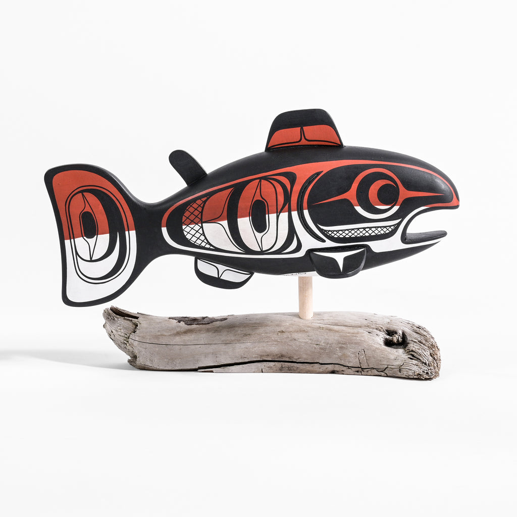 Salmon - Basswood Sculpture on Driftwood