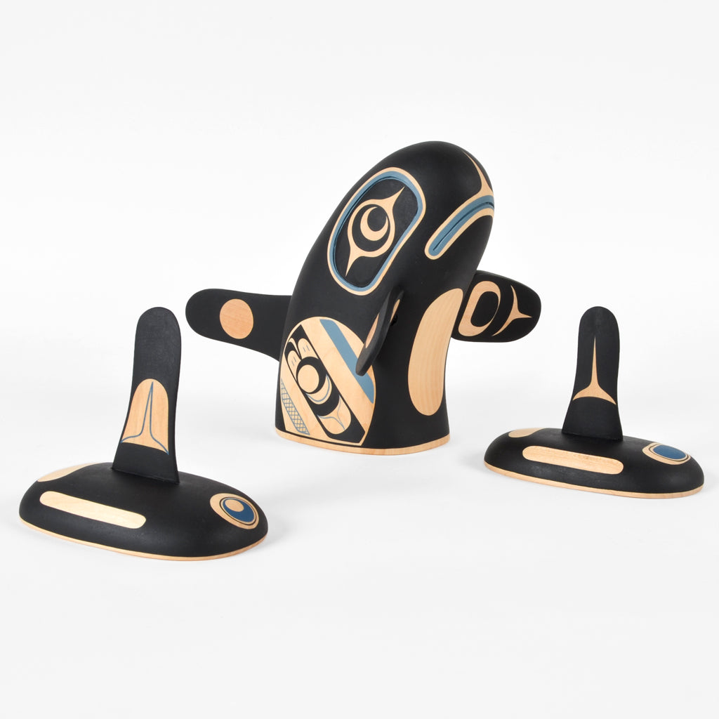 Spyhop Killerwhale with Calves - Basswood Sculpture