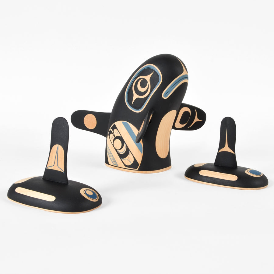 Spyhop Killerwhale with Calves - Basswood Sculpture