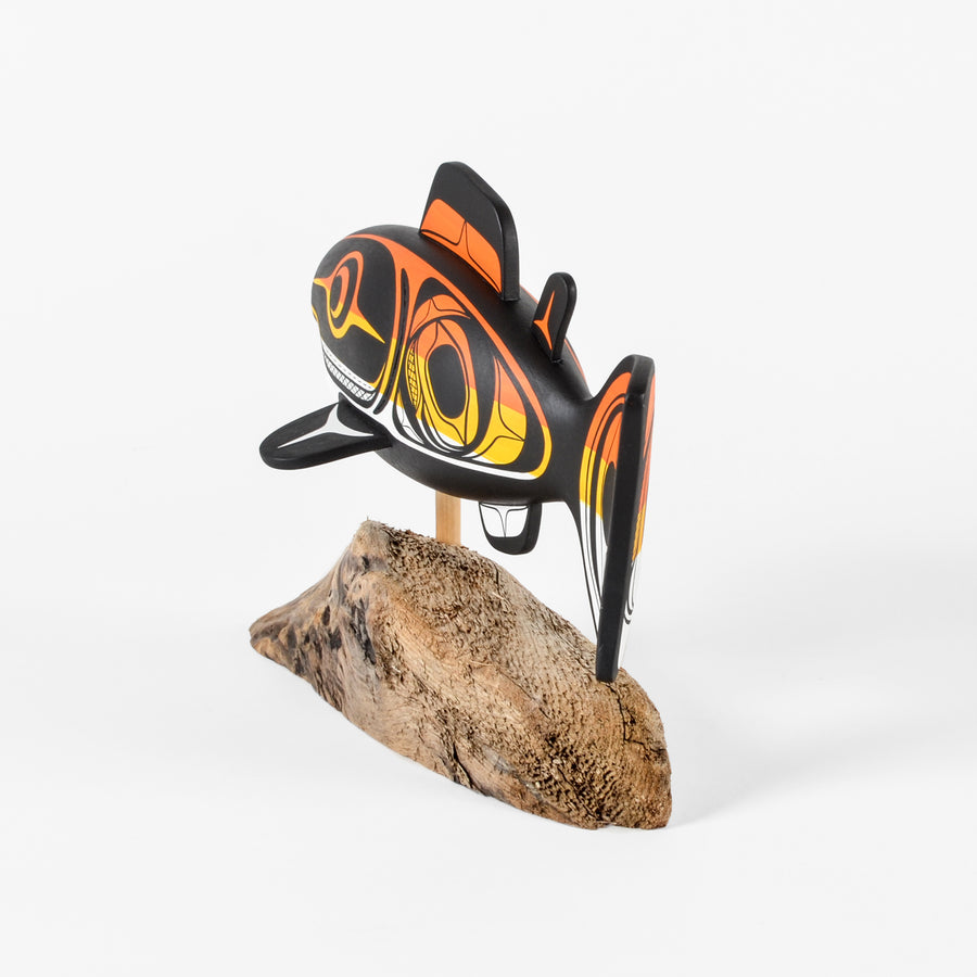 Salmon - Basswood Sculpture on Driftwood