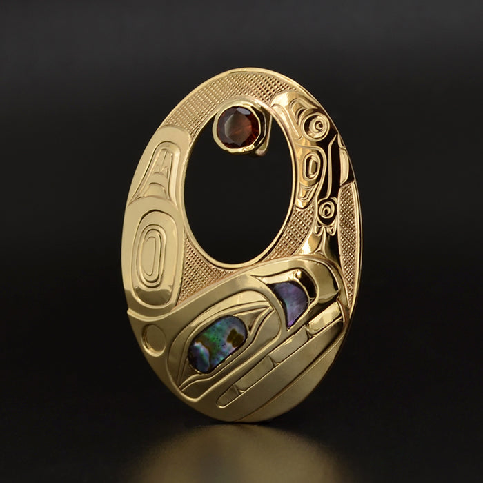 Killerwhale and Salmon - 14k Gold Pendant with Garnet and Abalone Shell
