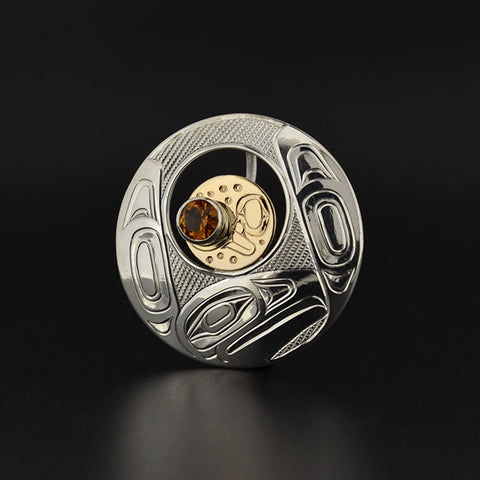 Eagle with the Moon - Silver Pendant with Citrine and 14k Gold