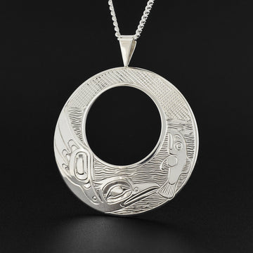 Kingfisher Chasing Salmon - Silver Pendant