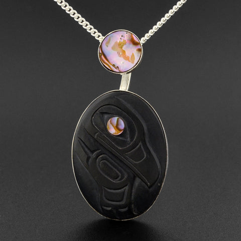 Raven and Eagle - Silver Pendant with Argillite and Abalone