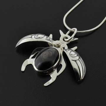 Beetle - Silver Pendant with Hypersthene