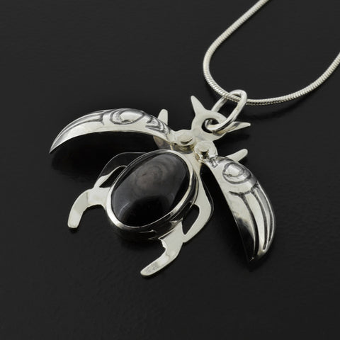 Beetle - Silver Pendant with Hypersthene