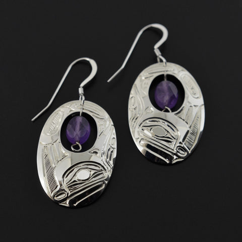 Frogs - Silver Earrings with Amethyst