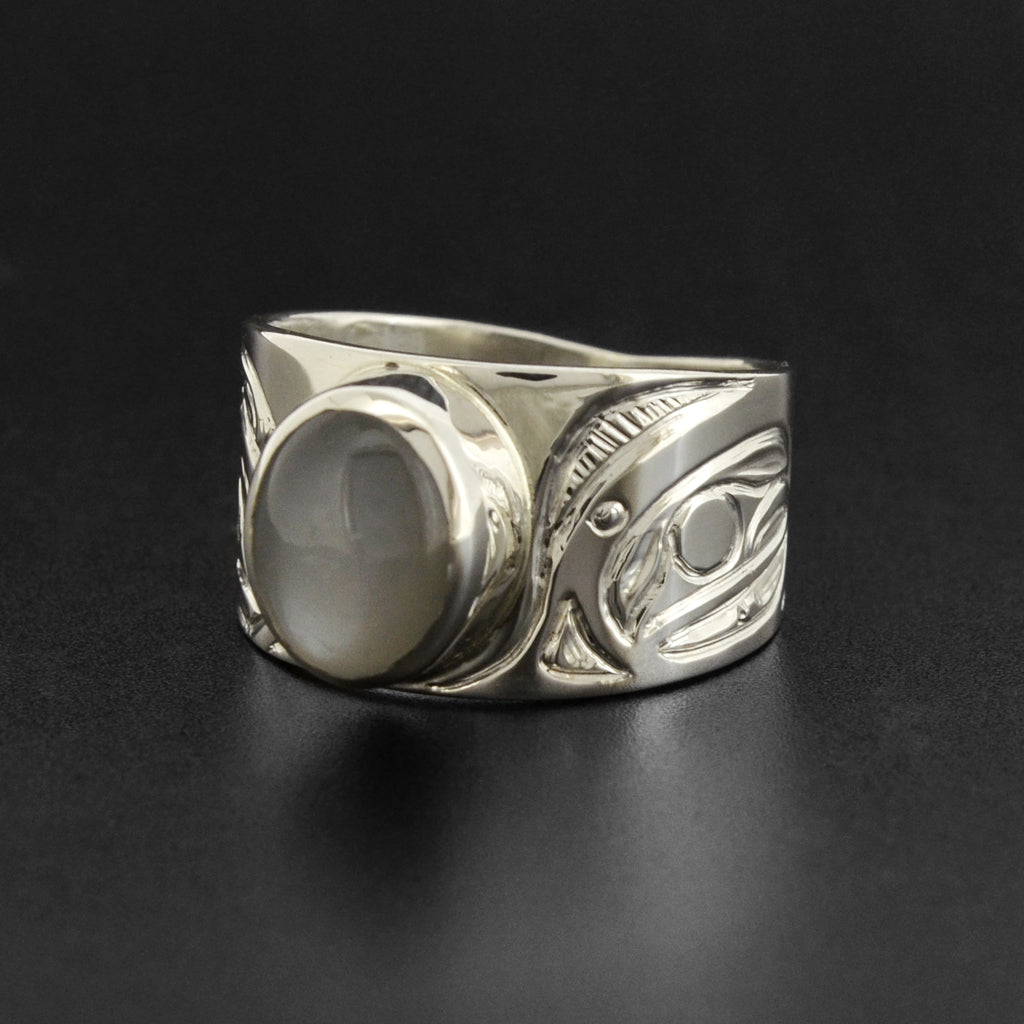Thunderbird and Killerwhale - Silver Ring with Grey Moonstone