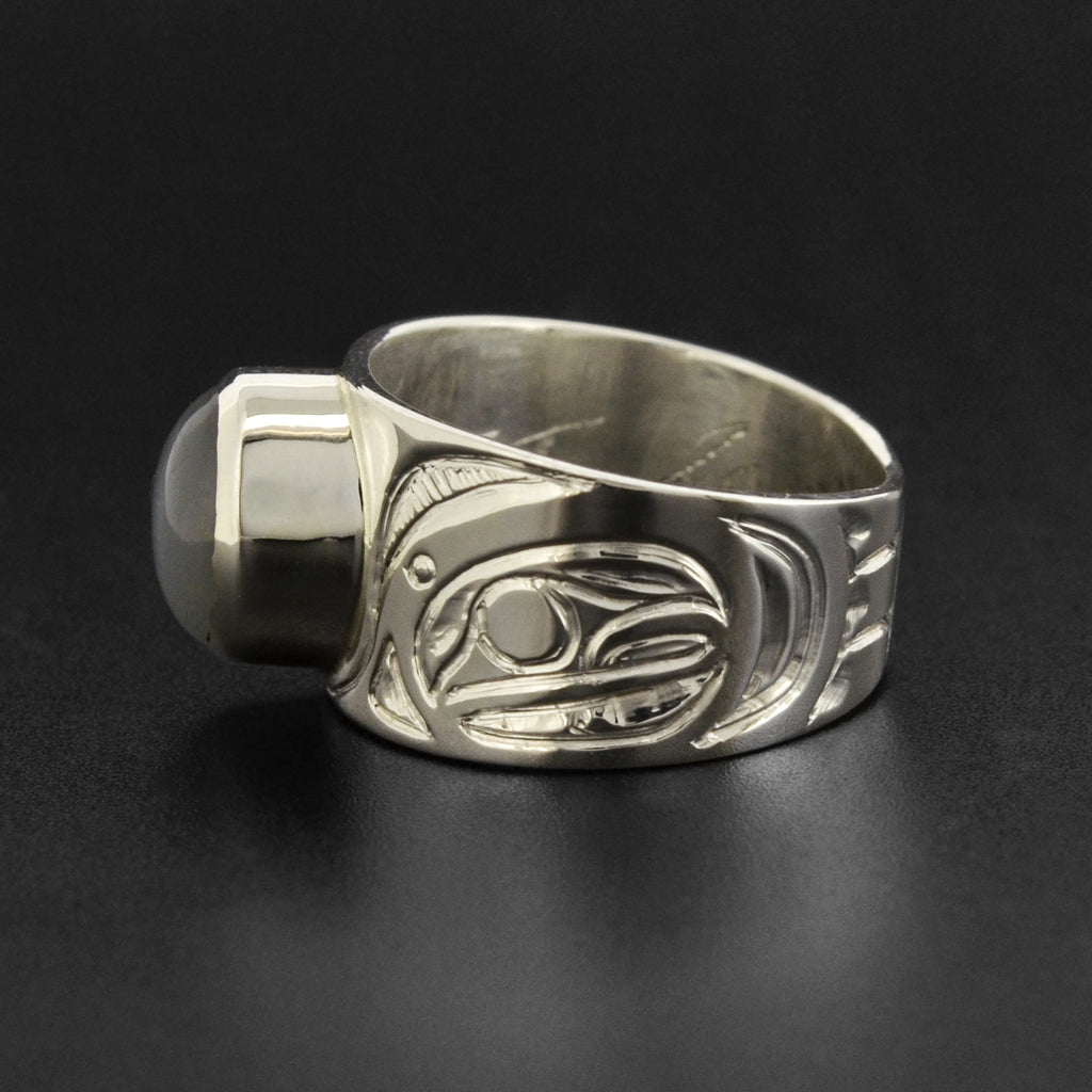 Thunderbird and Killerwhale - Silver Ring with Grey Moonstone