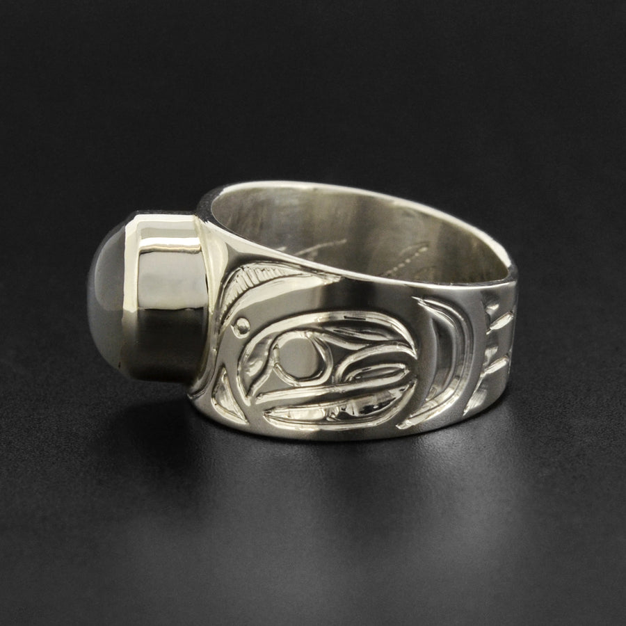 Thunderbird and Killerwhale - Silver Ring with Grey Moonstone