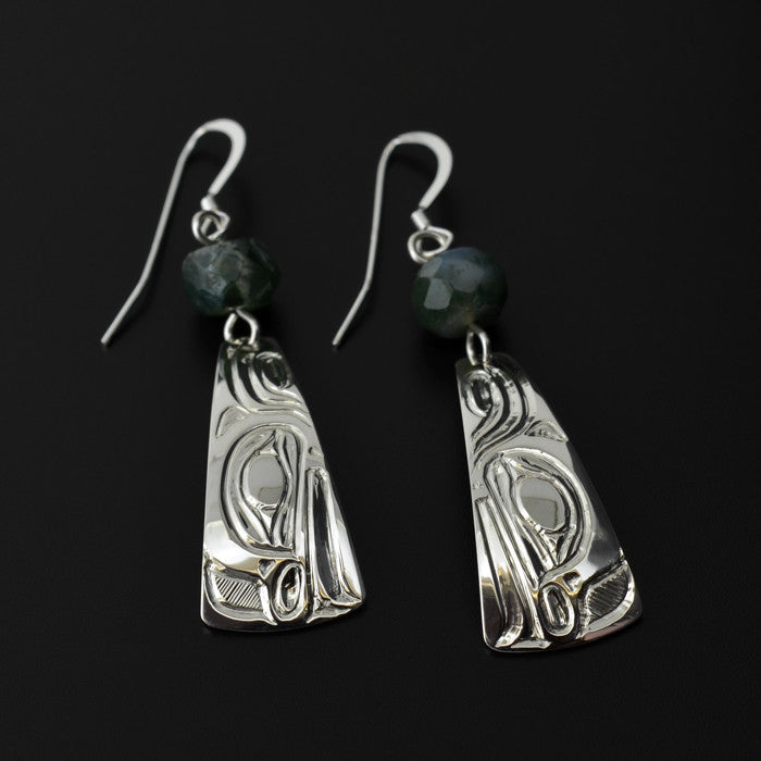 Frog - Silver Earrings with Green Moss Agate