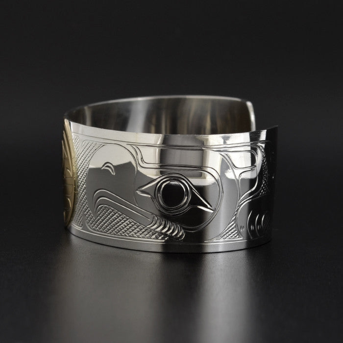 Raven, Eagle and the Moon - Silver Bracelet with 14k Gold Overlay