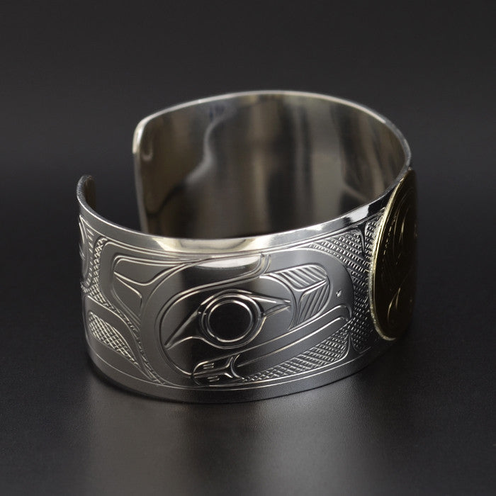 Raven, Eagle and the Moon - Silver Bracelet with 14k Gold Overlay
