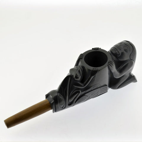 Human, Raven and Frog - Argillite and Wood Pipe