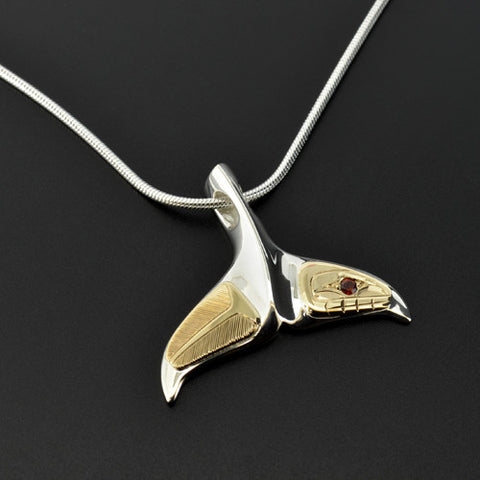 Whale Tail - Silver Pendant with 14k Gold Overlay and Garnet