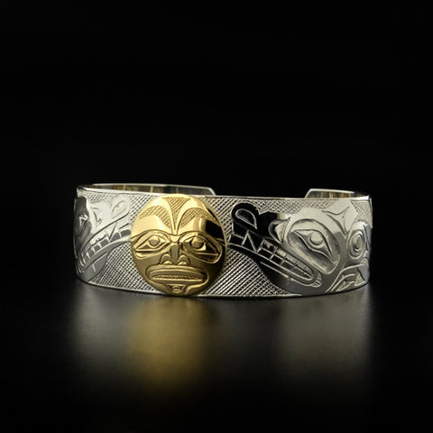 Wolves and Moon - Silver Bracelet with 14k Gold