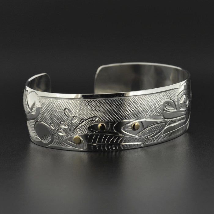 Bear, Salmon, Trees - Silver Bracelet with 14k Gold
