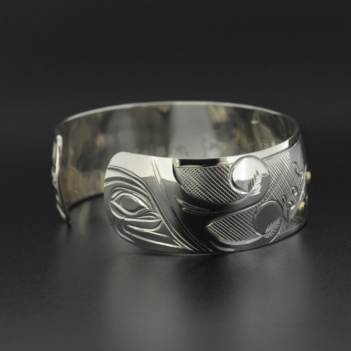 Bear, Salmon, Trees - Silver Bracelet with 14k Gold