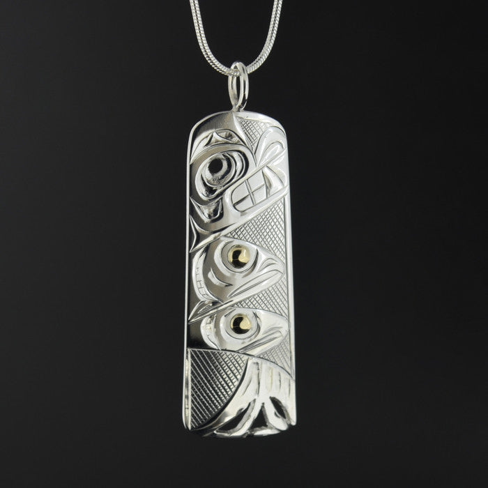 Bear, Salmon, Trees - Silver Pendant with 14k Gold